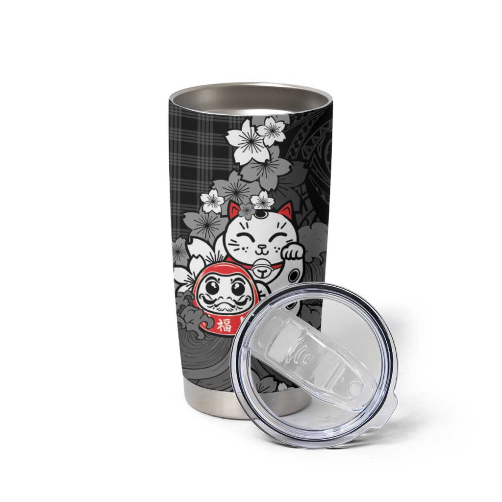 Black Palaka Hawaiian And Japanese Tumbler Cup Maneki Neko And Sakura Bloom DT05 - Polynesian Pride