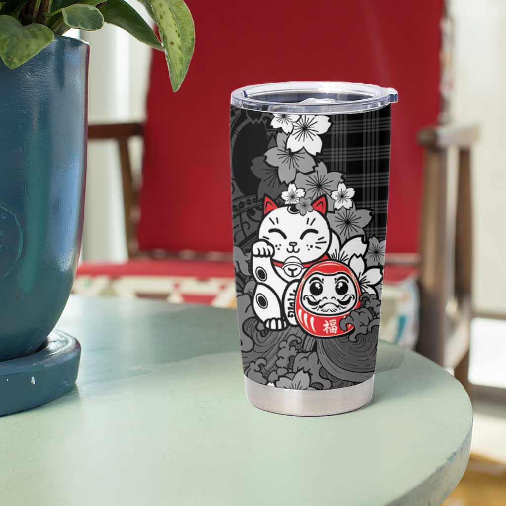 Black Palaka Hawaiian And Japanese Tumbler Cup Maneki Neko And Sakura Bloom DT05 - Polynesian Pride