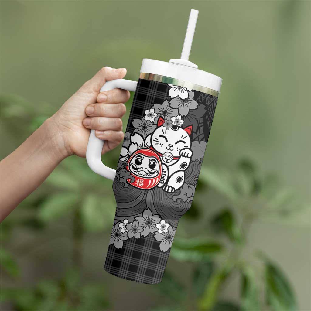 Black Palaka Hawaiian And Japanese Tumbler With Handle Maneki Neko And Sakura Bloom