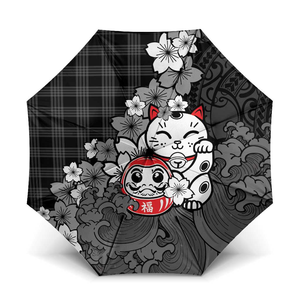 Black Palaka Hawaiian And Japanese Umbrella Maneki Neko And Sakura Bloom DT05 One Size Folded 11.42 inch Opened Diameter 37.4 inch Black - Polynesian Pride