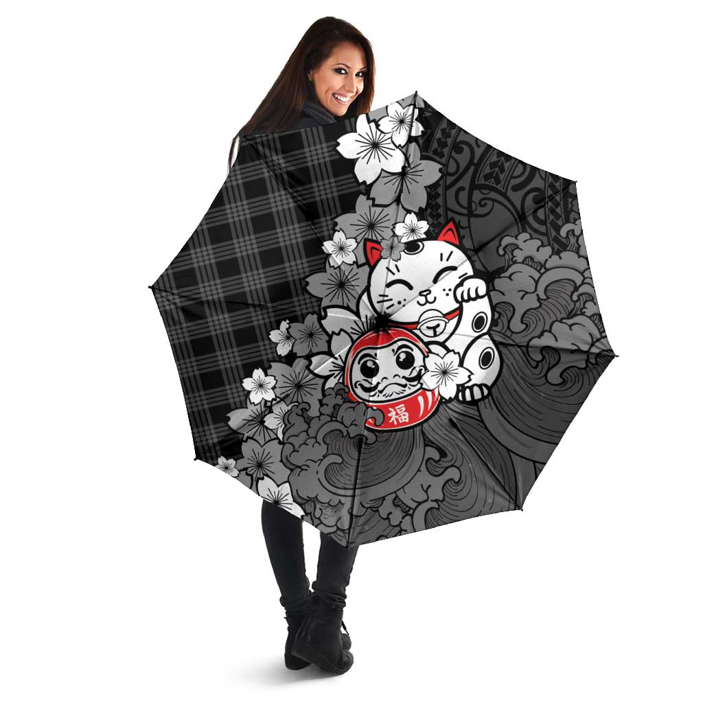 Black Palaka Hawaiian And Japanese Umbrella Maneki Neko And Sakura Bloom DT05 - Polynesian Pride