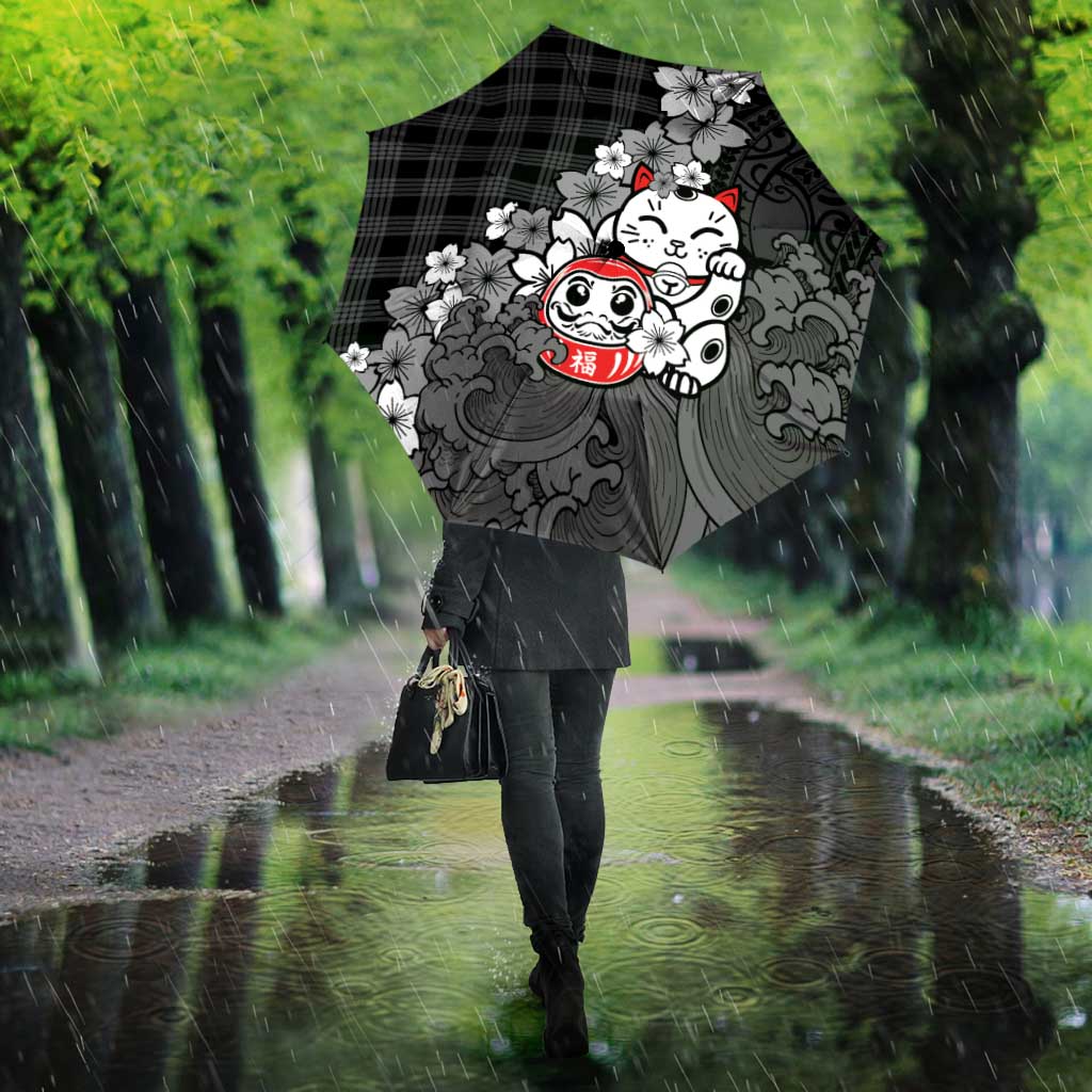 Black Palaka Hawaiian And Japanese Umbrella Maneki Neko And Sakura Bloom DT05 - Polynesian Pride