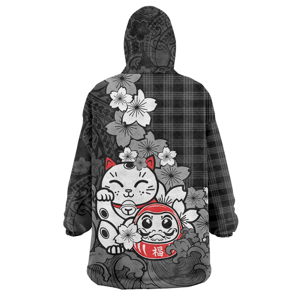 Black Palaka Hawaiian And Japanese Wearable Blanket Hoodie Maneki Neko And Sakura Bloom DT05 - Polynesian Pride