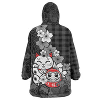 Black Palaka Hawaiian And Japanese Wearable Blanket Hoodie Maneki Neko And Sakura Bloom DT05 - Polynesian Pride