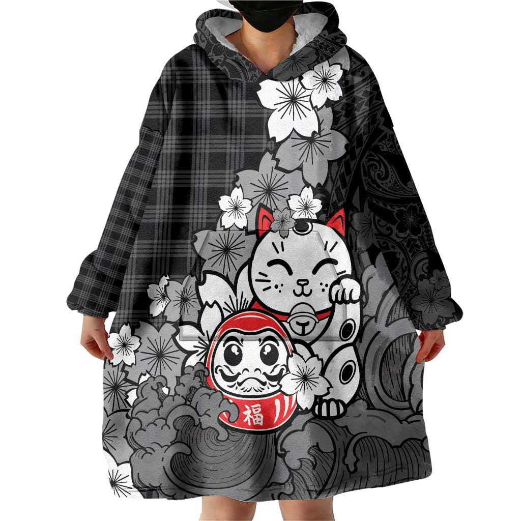 Black Palaka Hawaiian And Japanese Wearable Blanket Hoodie Maneki Neko And Sakura Bloom DT05 - Polynesian Pride