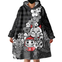 Black Palaka Hawaiian And Japanese Wearable Blanket Hoodie Maneki Neko And Sakura Bloom DT05 - Polynesian Pride