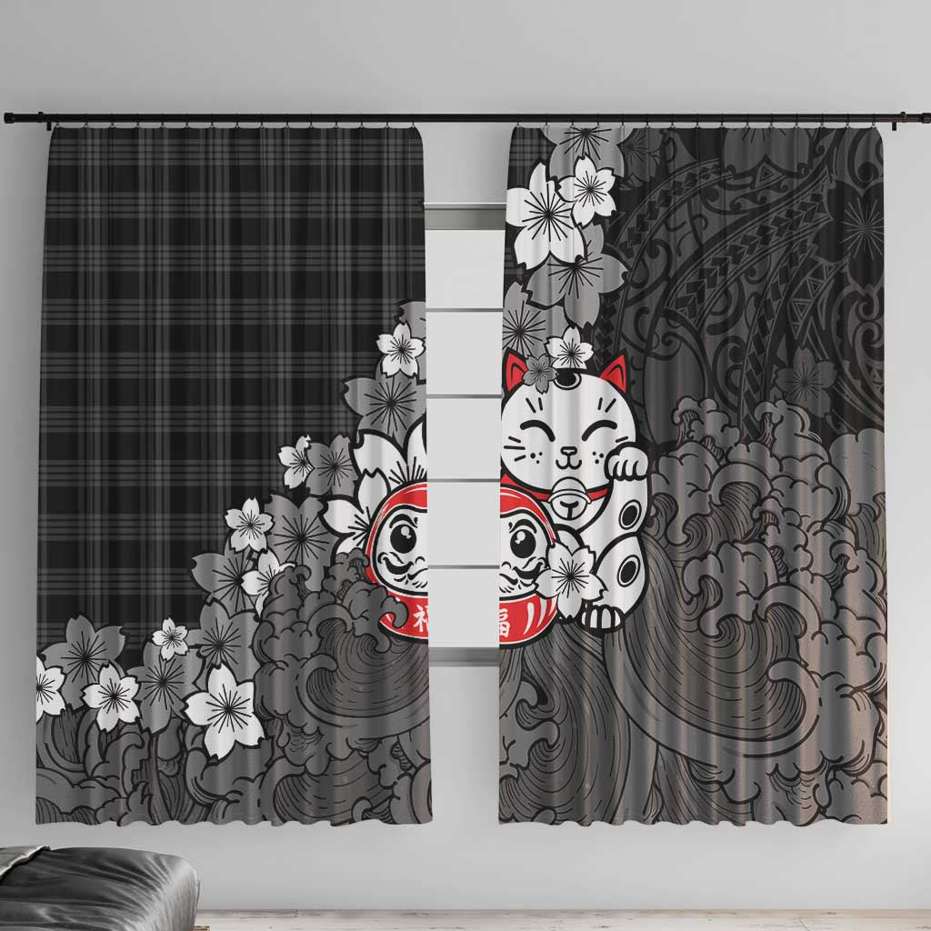 Black Palaka Hawaiian And Japanese Window Curtain Maneki Neko And Sakura Bloom DT05 With Hooks Black - Polynesian Pride
