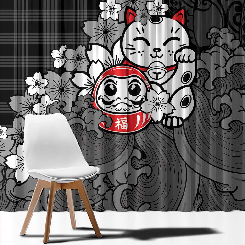 Black Palaka Hawaiian And Japanese Window Curtain Maneki Neko And Sakura Bloom DT05 - Polynesian Pride