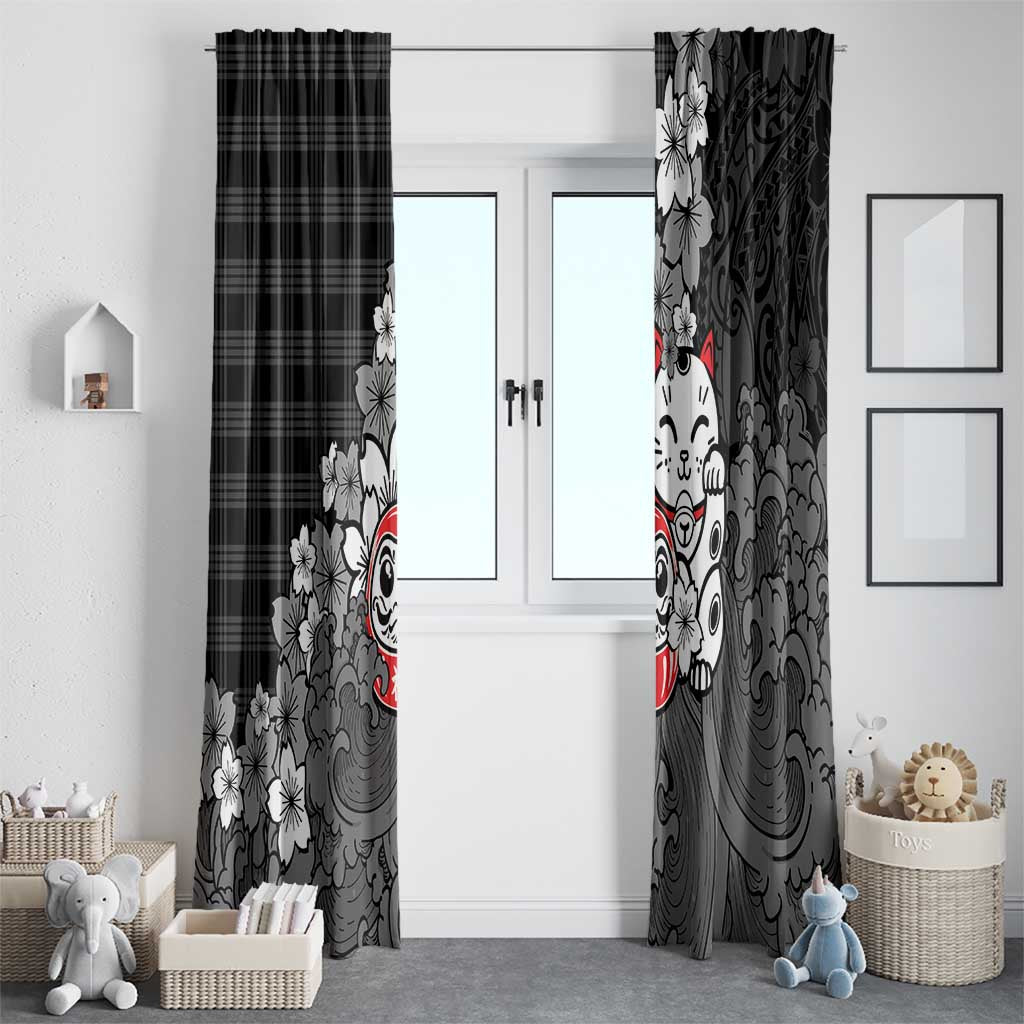 Black Palaka Hawaiian And Japanese Window Curtain Maneki Neko And Sakura Bloom DT05 - Polynesian Pride
