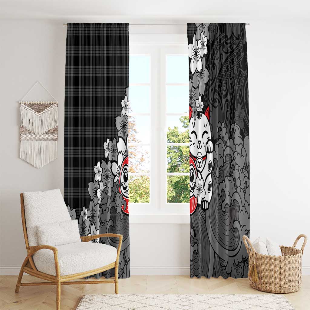 Black Palaka Hawaiian And Japanese Window Curtain Maneki Neko And Sakura Bloom DT05 - Polynesian Pride
