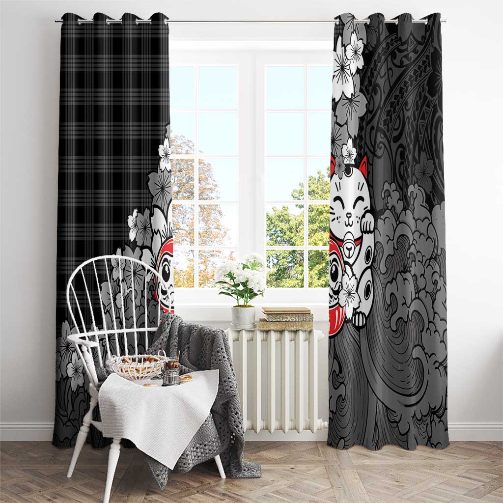 Black Palaka Hawaiian And Japanese Window Curtain Maneki Neko And Sakura Bloom DT05 - Polynesian Pride