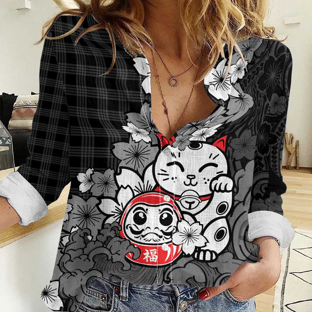 Black Palaka Hawaiian And Japanese Women Casual Shirt Maneki Neko And Sakura Bloom DT05 Female Black - Polynesian Pride