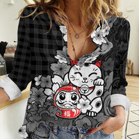 Black Palaka Hawaiian And Japanese Women Casual Shirt Maneki Neko And Sakura Bloom DT05 Female Black - Polynesian Pride