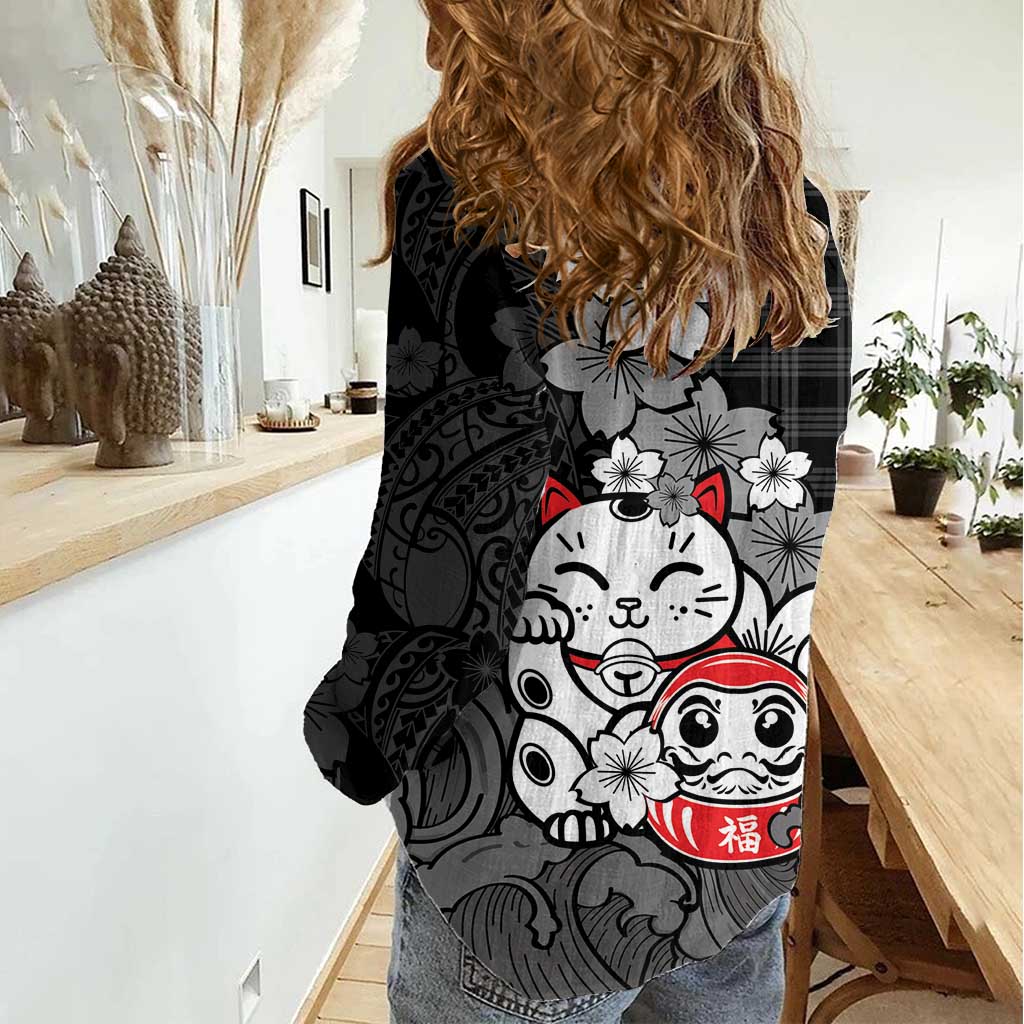 Black Palaka Hawaiian And Japanese Women Casual Shirt Maneki Neko And Sakura Bloom DT05 - Polynesian Pride