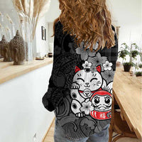 Black Palaka Hawaiian And Japanese Women Casual Shirt Maneki Neko And Sakura Bloom DT05 - Polynesian Pride