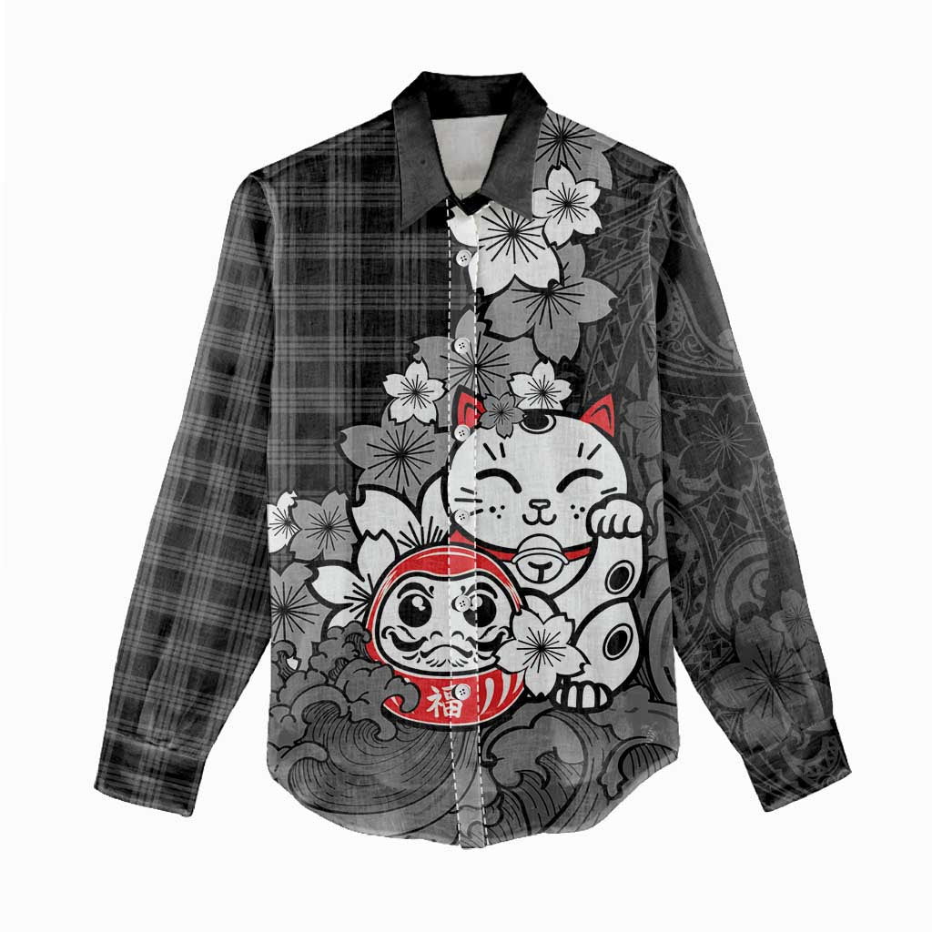 Black Palaka Hawaiian And Japanese Women Casual Shirt Maneki Neko And Sakura Bloom DT05 - Polynesian Pride