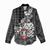 Black Palaka Hawaiian And Japanese Women Casual Shirt Maneki Neko And Sakura Bloom DT05 - Polynesian Pride