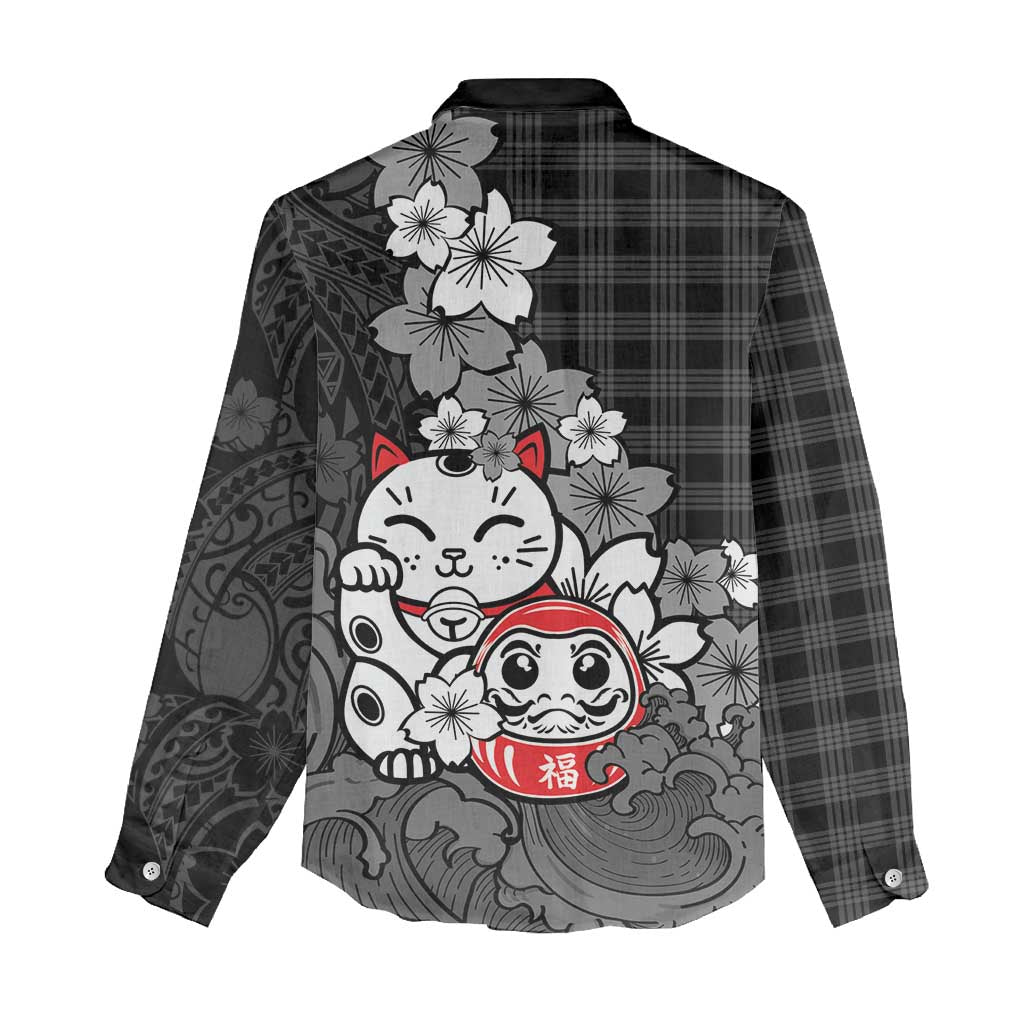 Black Palaka Hawaiian And Japanese Women Casual Shirt Maneki Neko And Sakura Bloom DT05 - Polynesian Pride