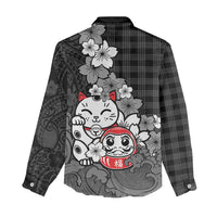 Black Palaka Hawaiian And Japanese Women Casual Shirt Maneki Neko And Sakura Bloom DT05 - Polynesian Pride