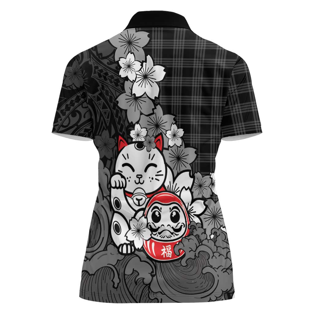 Black Palaka Hawaiian And Japanese Women Polo Shirt Maneki Neko And Sakura Bloom DT05 - Polynesian Pride
