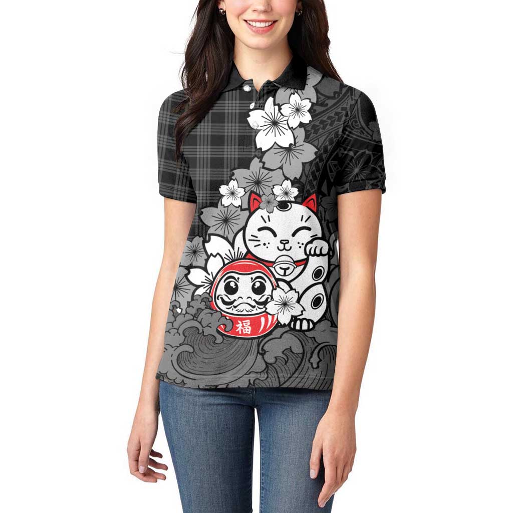 Black Palaka Hawaiian And Japanese Women Polo Shirt Maneki Neko And Sakura Bloom DT05 - Polynesian Pride