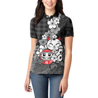 Black Palaka Hawaiian And Japanese Women Polo Shirt Maneki Neko And Sakura Bloom DT05 - Polynesian Pride