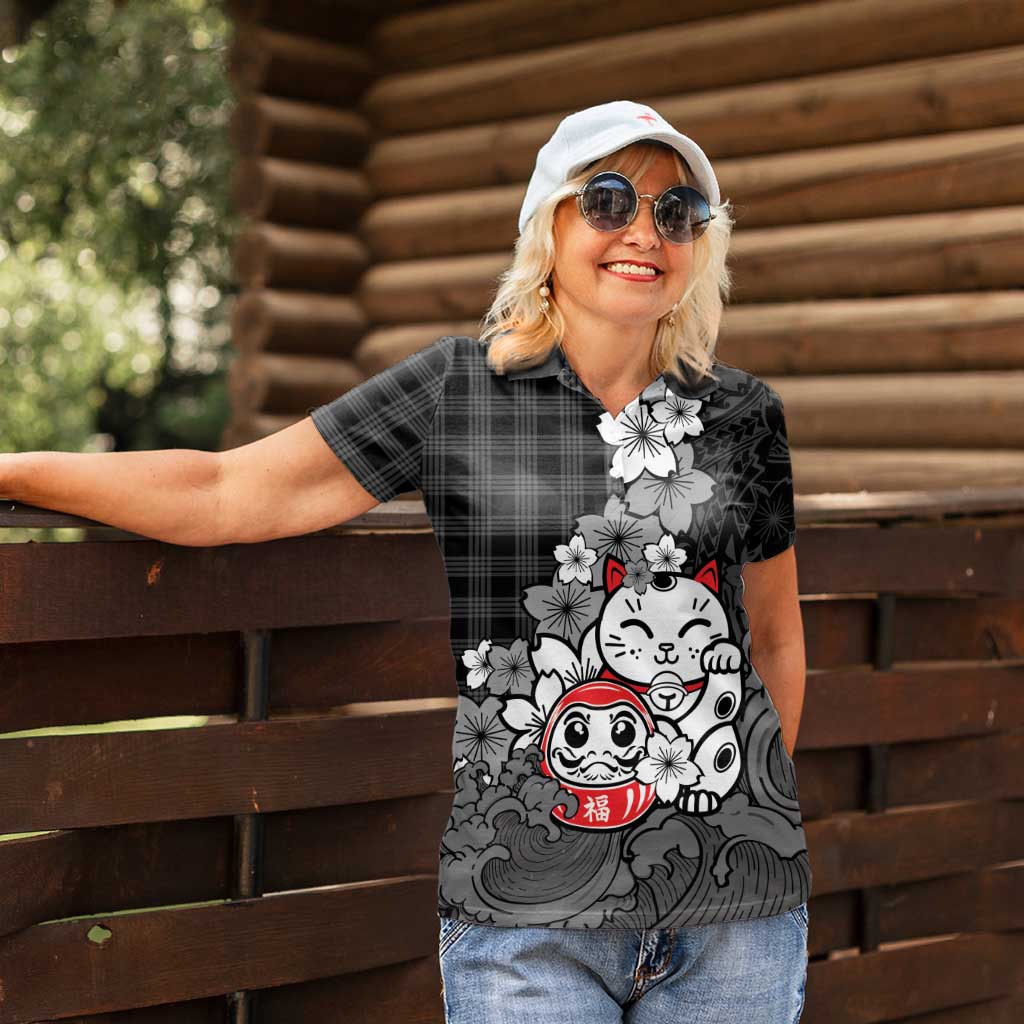 Black Palaka Hawaiian And Japanese Women Polo Shirt Maneki Neko And Sakura Bloom DT05 - Polynesian Pride