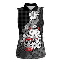 Black Palaka Hawaiian And Japanese Women Sleeveless Polo Shirt Maneki Neko And Sakura Bloom