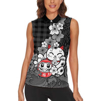 Black Palaka Hawaiian And Japanese Women Sleeveless Polo Shirt Maneki Neko And Sakura Bloom