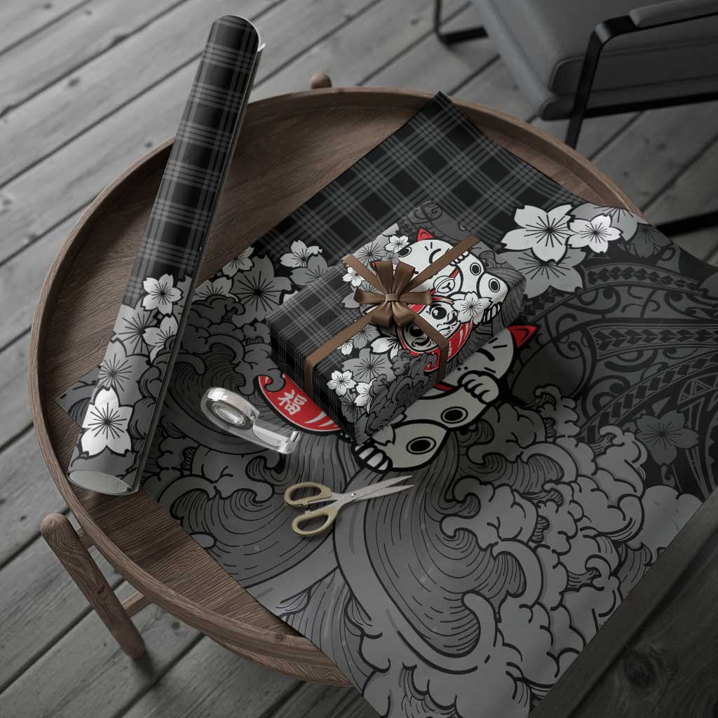 Black Palaka Hawaiian And Japanese Wrapping Paper Maneki Neko And Sakura Bloom DT05 - Polynesian Pride