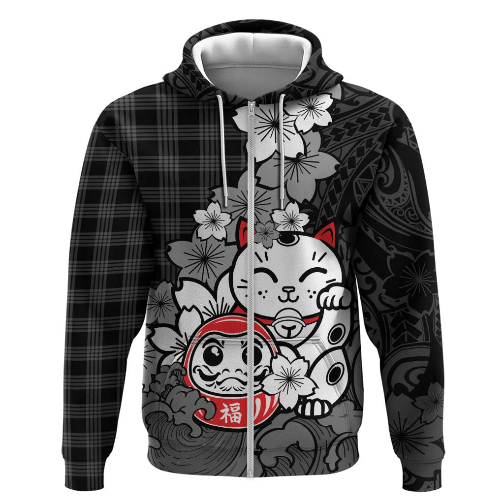 Black Palaka Hawaiian And Japanese Zip Hoodie Maneki Neko And Sakura Bloom DT05 Zip Hoodie Black - Polynesian Pride