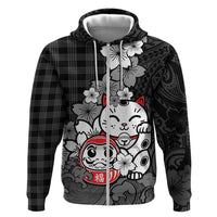 Black Palaka Hawaiian And Japanese Zip Hoodie Maneki Neko And Sakura Bloom DT05 Zip Hoodie Black - Polynesian Pride
