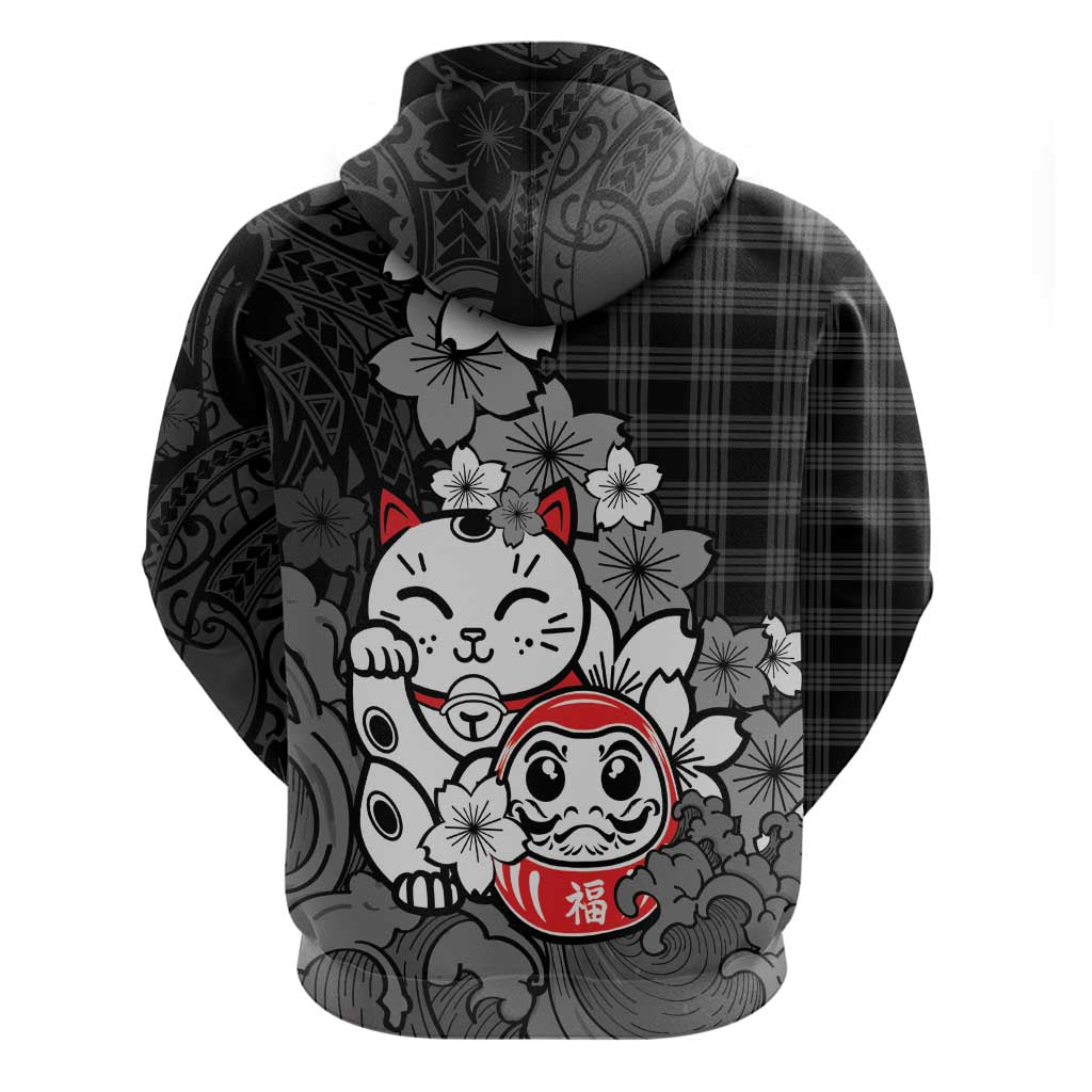 Black Palaka Hawaiian And Japanese Zip Hoodie Maneki Neko And Sakura Bloom DT05 - Polynesian Pride