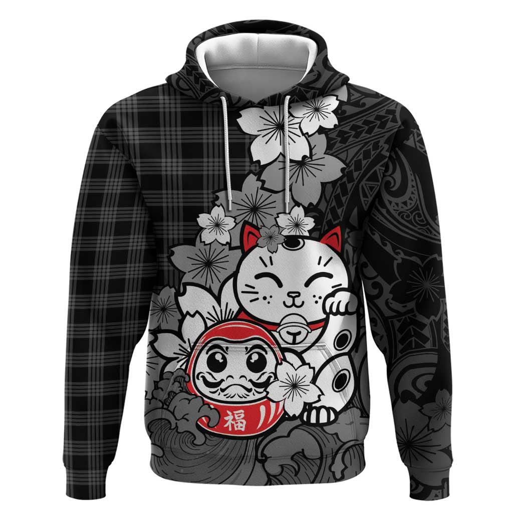 Black Palaka Hawaiian And Japanese Zip Hoodie Maneki Neko And Sakura Bloom DT05 Pullover Hoodie Black - Polynesian Pride