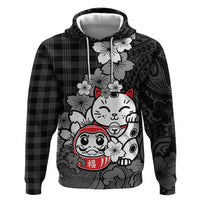 Black Palaka Hawaiian And Japanese Zip Hoodie Maneki Neko And Sakura Bloom DT05 Pullover Hoodie Black - Polynesian Pride
