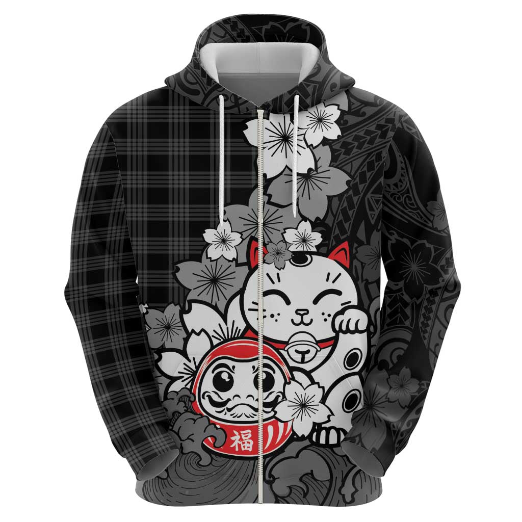Black Palaka Hawaiian And Japanese Zip Hoodie Maneki Neko And Sakura Bloom DT05 - Polynesian Pride