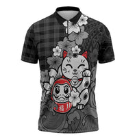 Black Palaka Hawaiian And Japanese Zipper Polo Shirt Maneki Neko And Sakura Bloom DT05 Black - Polynesian Pride
