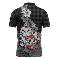 Black Palaka Hawaiian And Japanese Zipper Polo Shirt Maneki Neko And Sakura Bloom DT05 - Polynesian Pride