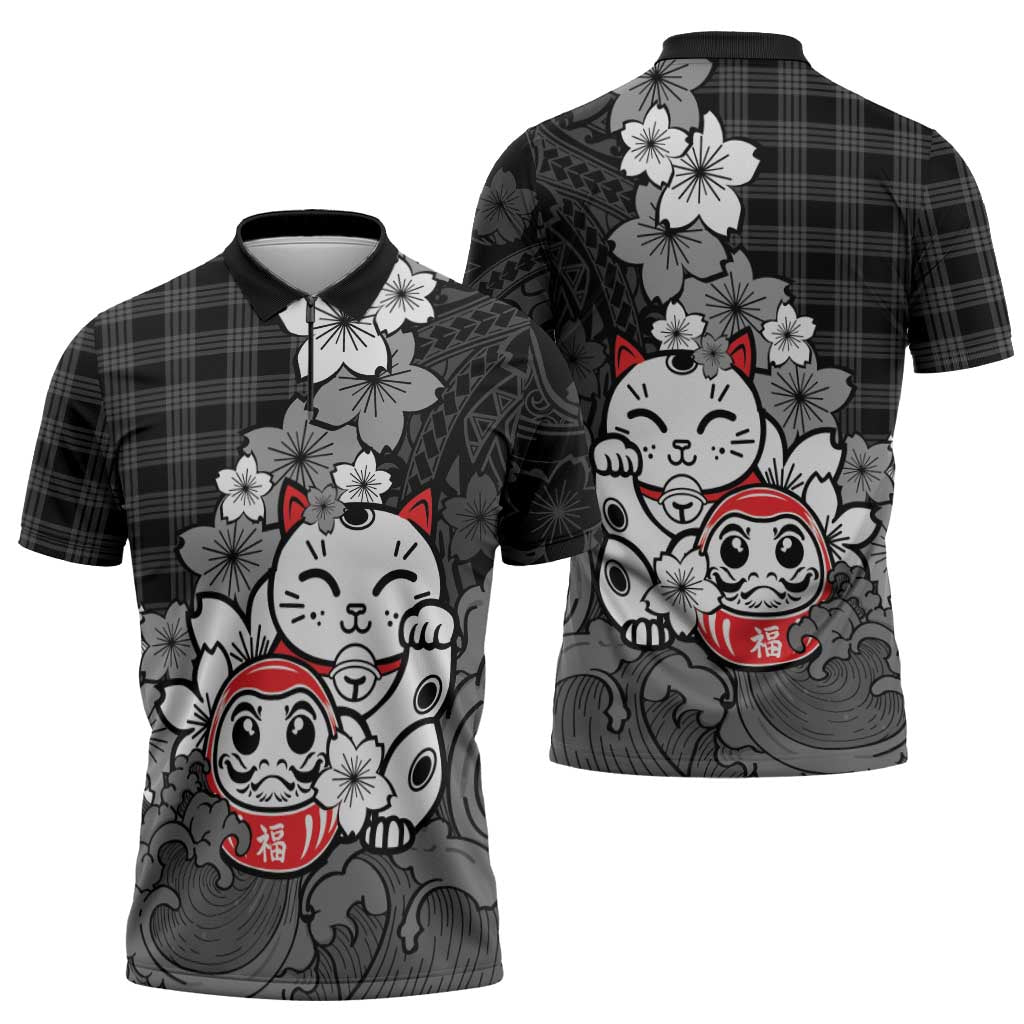 Black Palaka Hawaiian And Japanese Zipper Polo Shirt Maneki Neko And Sakura Bloom DT05 - Polynesian Pride