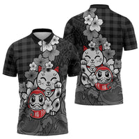 Black Palaka Hawaiian And Japanese Zipper Polo Shirt Maneki Neko And Sakura Bloom DT05 - Polynesian Pride