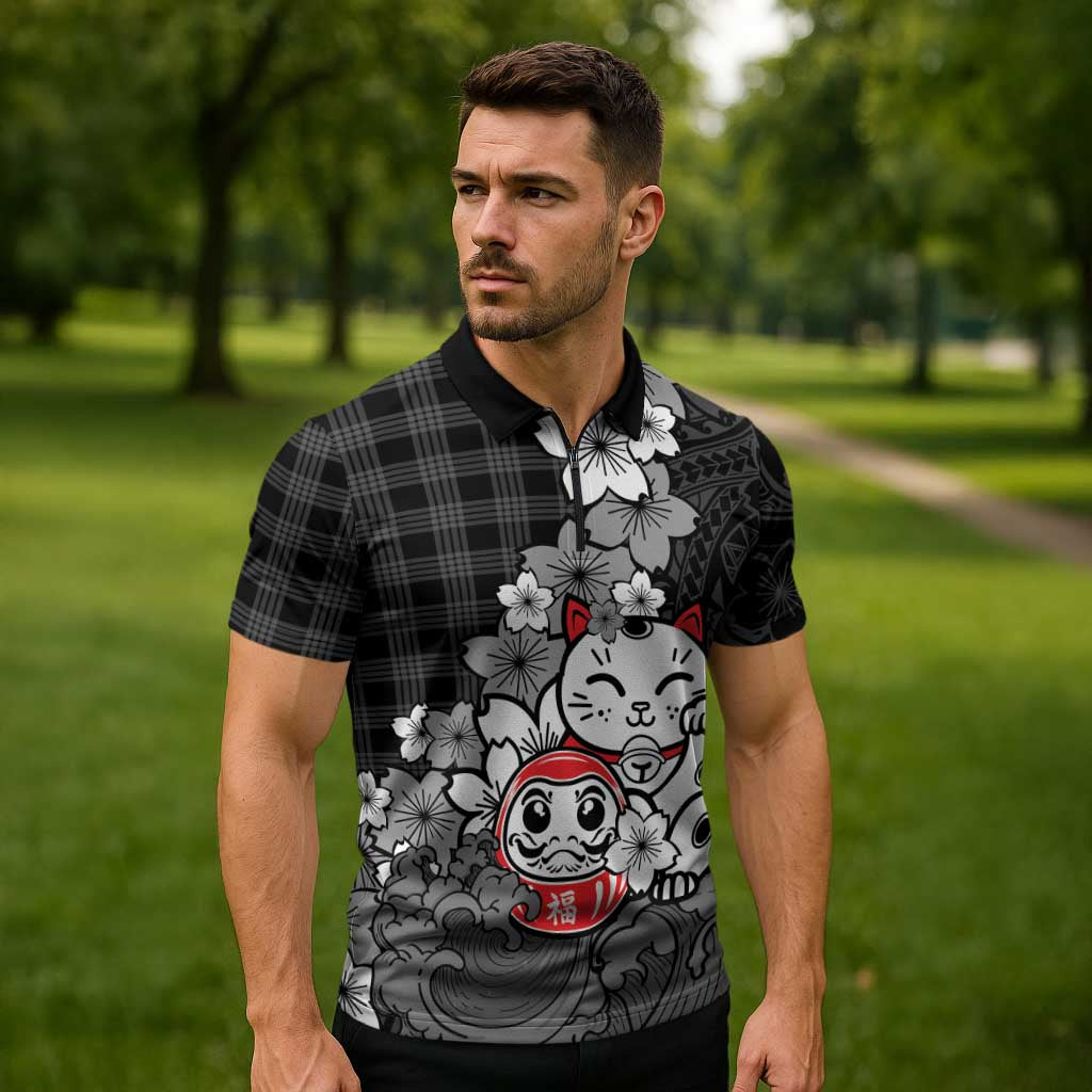 Black Palaka Hawaiian And Japanese Zipper Polo Shirt Maneki Neko And Sakura Bloom DT05 - Polynesian Pride
