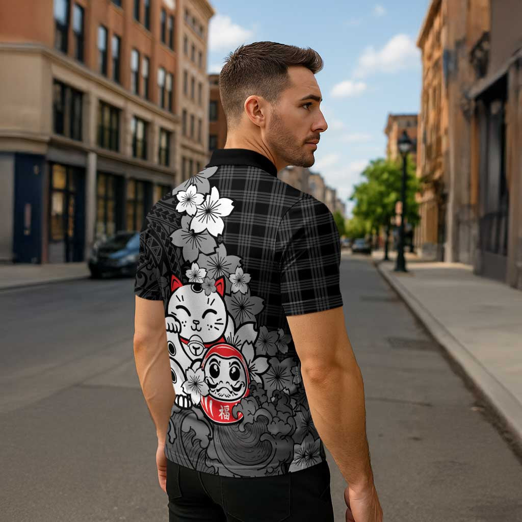 Black Palaka Hawaiian And Japanese Zipper Polo Shirt Maneki Neko And Sakura Bloom DT05 - Polynesian Pride
