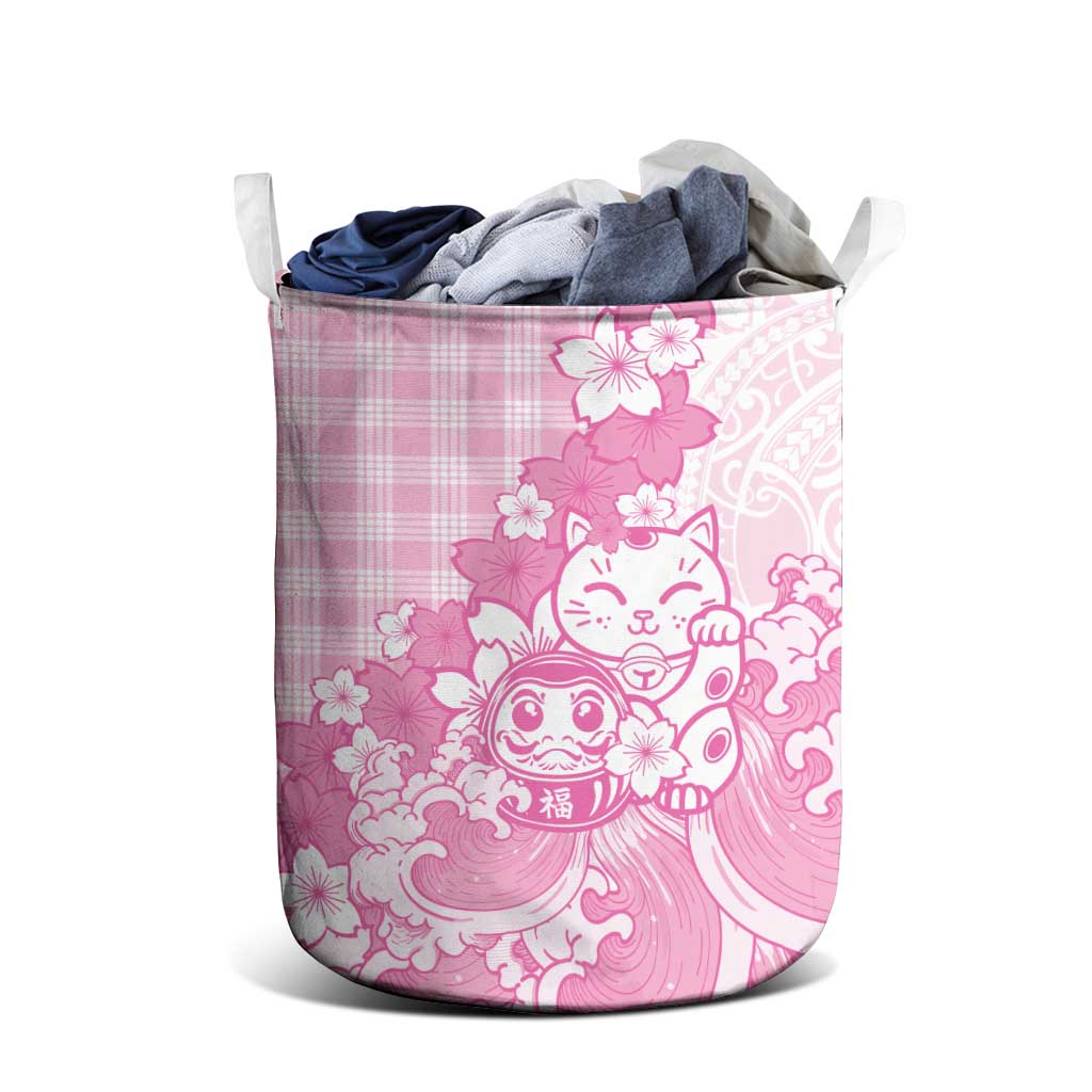 Pink Palaka Hawaiian And Japanese Laundry Basket Maneki Neko And Sakura Bloom DT05 - Polynesian Pride