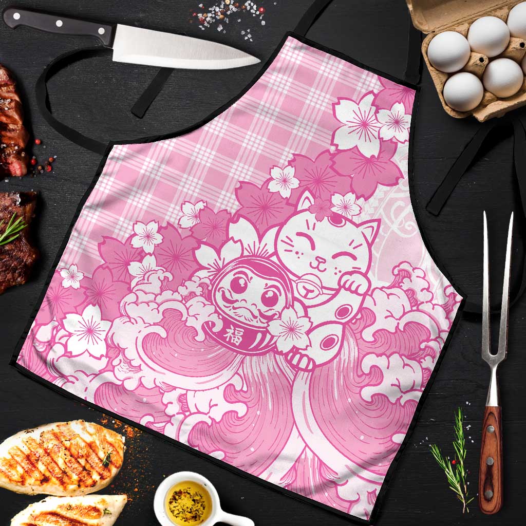 Pink Palaka Hawaiian And Japanese Apron Maneki Neko And Sakura Bloom DT05 Pink - Polynesian Pride