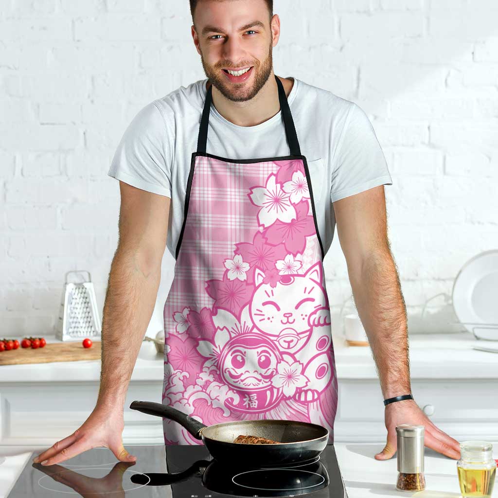 Pink Palaka Hawaiian And Japanese Apron Maneki Neko And Sakura Bloom DT05 - Polynesian Pride