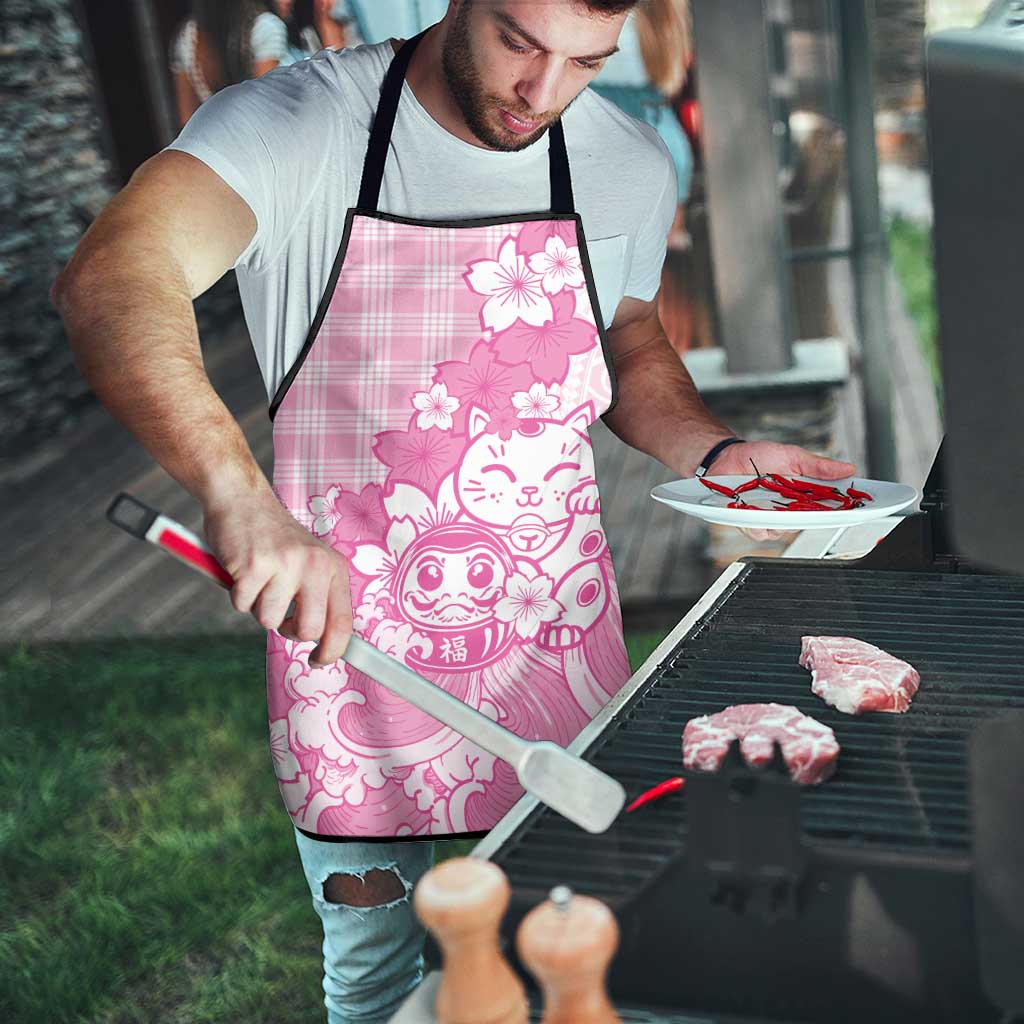 Pink Palaka Hawaiian And Japanese Apron Maneki Neko And Sakura Bloom DT05 - Polynesian Pride