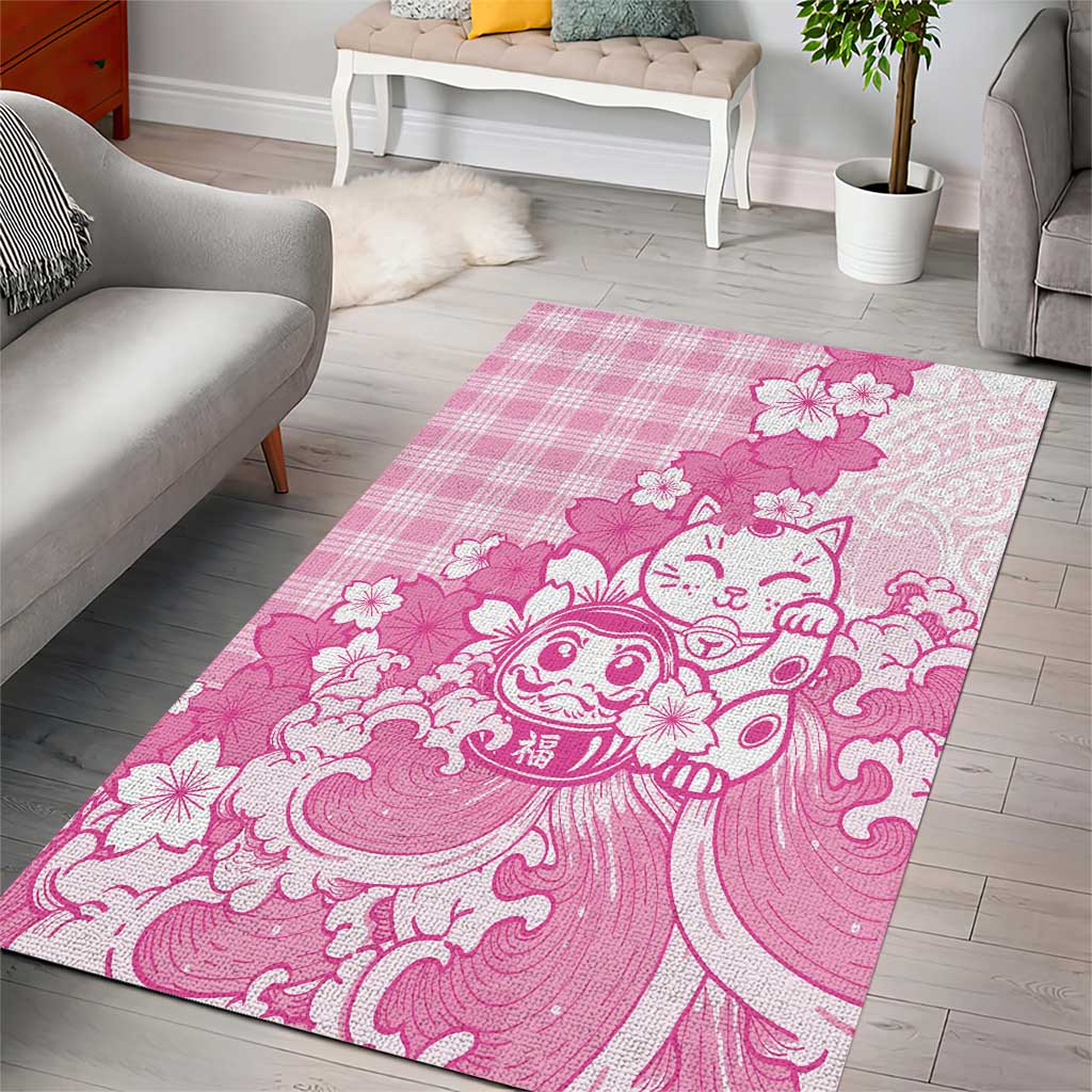 Pink Palaka Hawaiian And Japanese Area Rug Maneki Neko And Sakura Bloom DT05 - Polynesian Pride