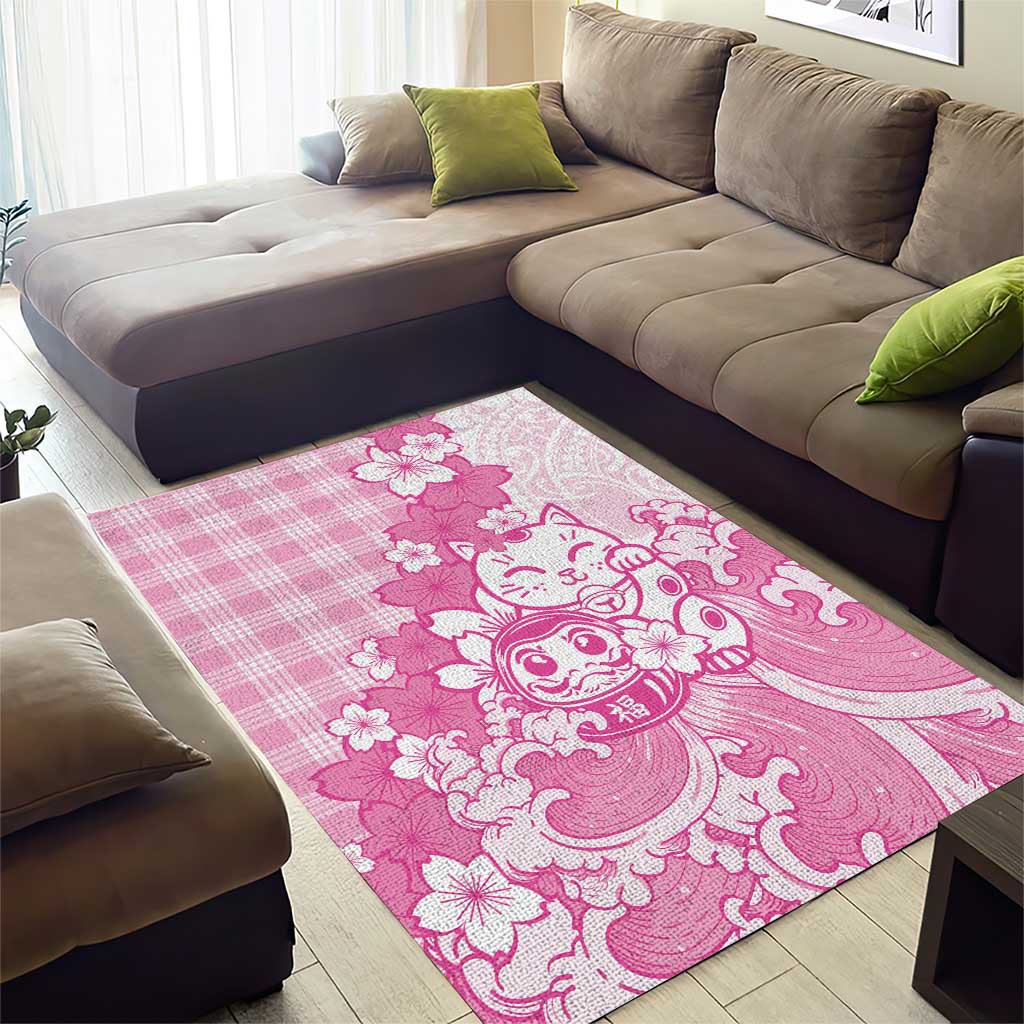 Pink Palaka Hawaiian And Japanese Area Rug Maneki Neko And Sakura Bloom DT05 - Polynesian Pride