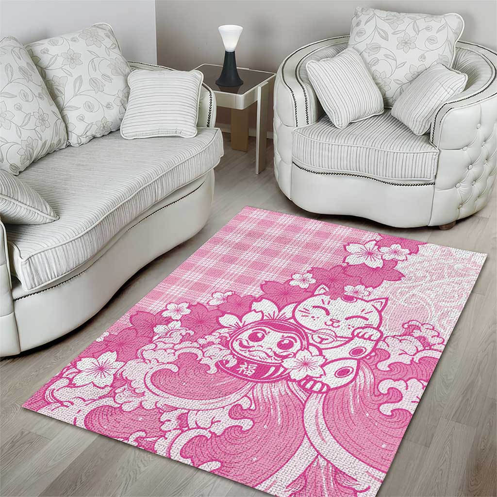 Pink Palaka Hawaiian And Japanese Area Rug Maneki Neko And Sakura Bloom DT05 - Polynesian Pride
