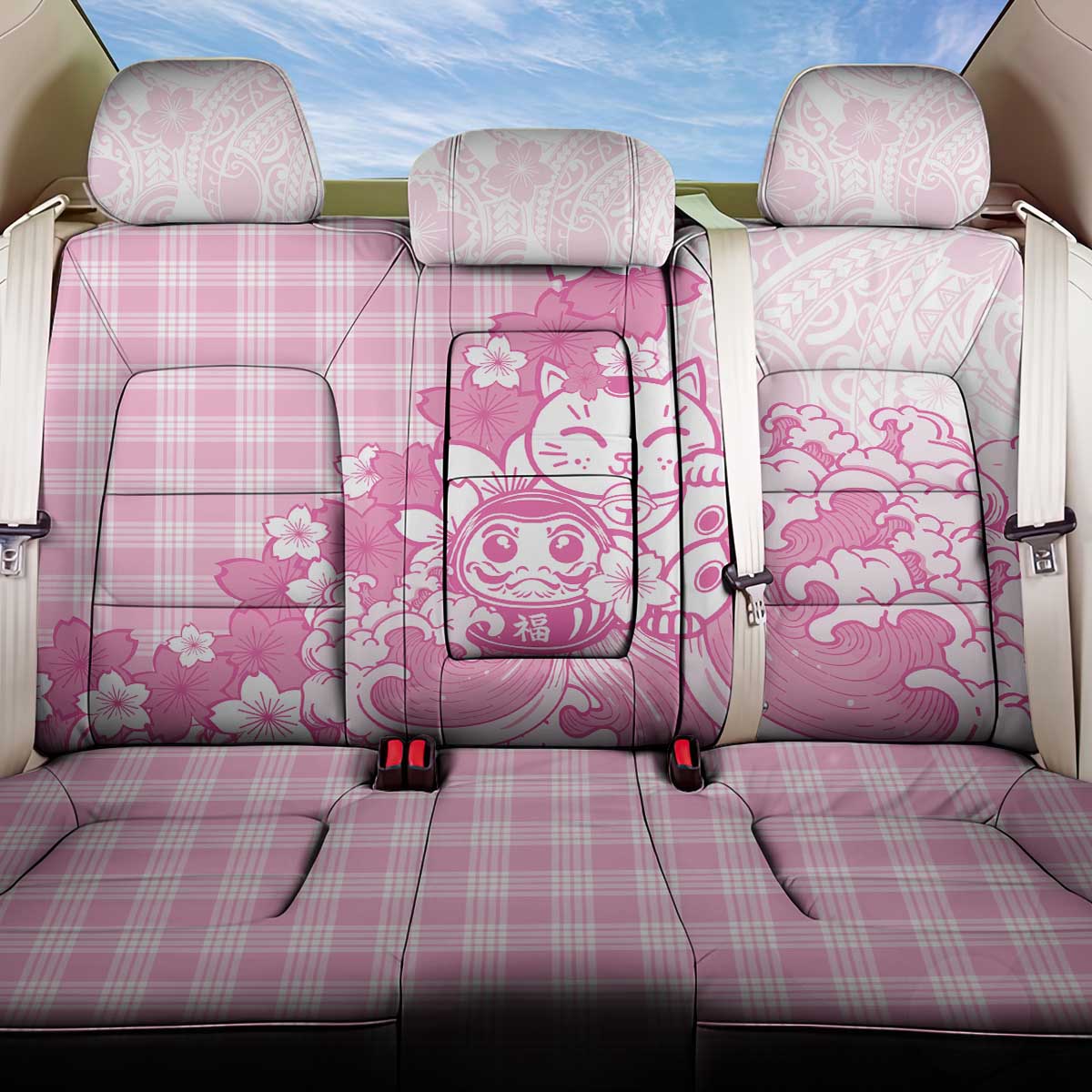 Pink Palaka Hawaiian And Japanese Back Car Seat Cover Maneki Neko And Sakura Bloom DT05 One Size Pink - Polynesian Pride